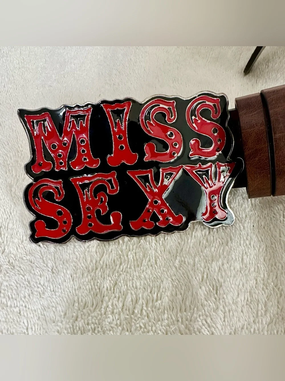 Vintage Y2K Miss Sexy Belt Buckle Brown Geometric Block Letter